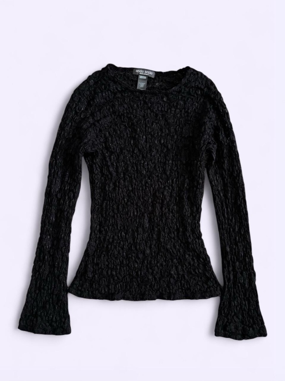 Bisou Bisou Michele Bohbot Black Smocked Lace Cotton Blend Flare Sleeve Top
